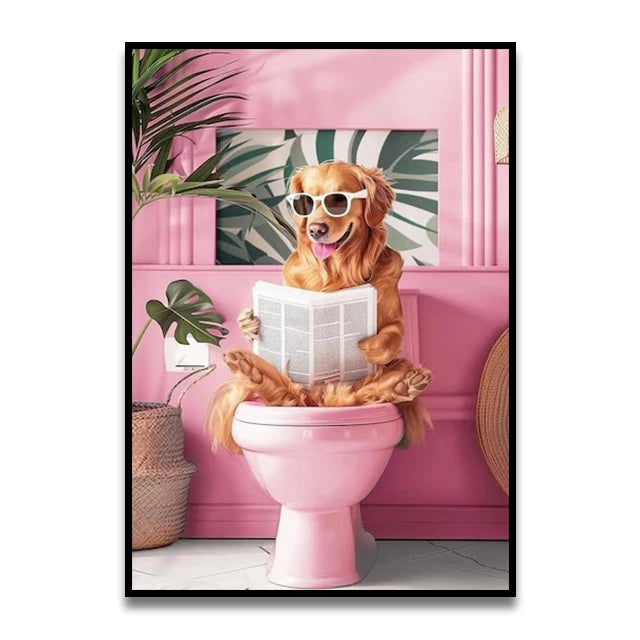 Bathroom Cat Reading on Toilet Canvas Wall Art Print Poster Funny Animal Decor Painting Home Room Decor Gift Unframed