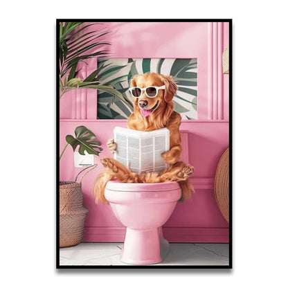 Bathroom Cat Reading on Toilet Canvas Wall Art Print Poster Funny Animal Decor Painting Home Room Decor Gift Unframed