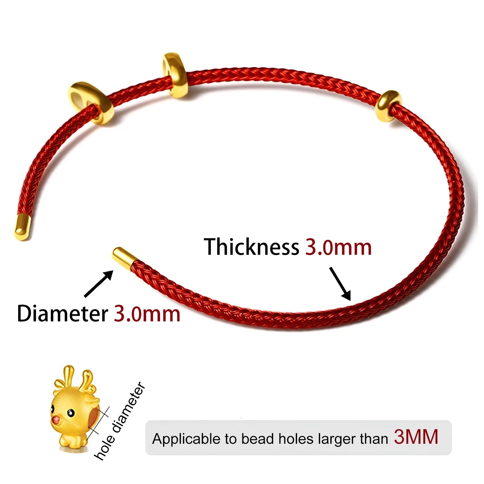 Red braided cord bracelet with gold-toned bead ends and adjustable beads, shown on a white background with text indicating 3.0mm thickness and diameter, plus a small cartoon charm and compatibility note.