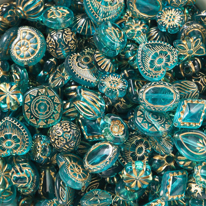 Collection of blue and gold decorative beads
