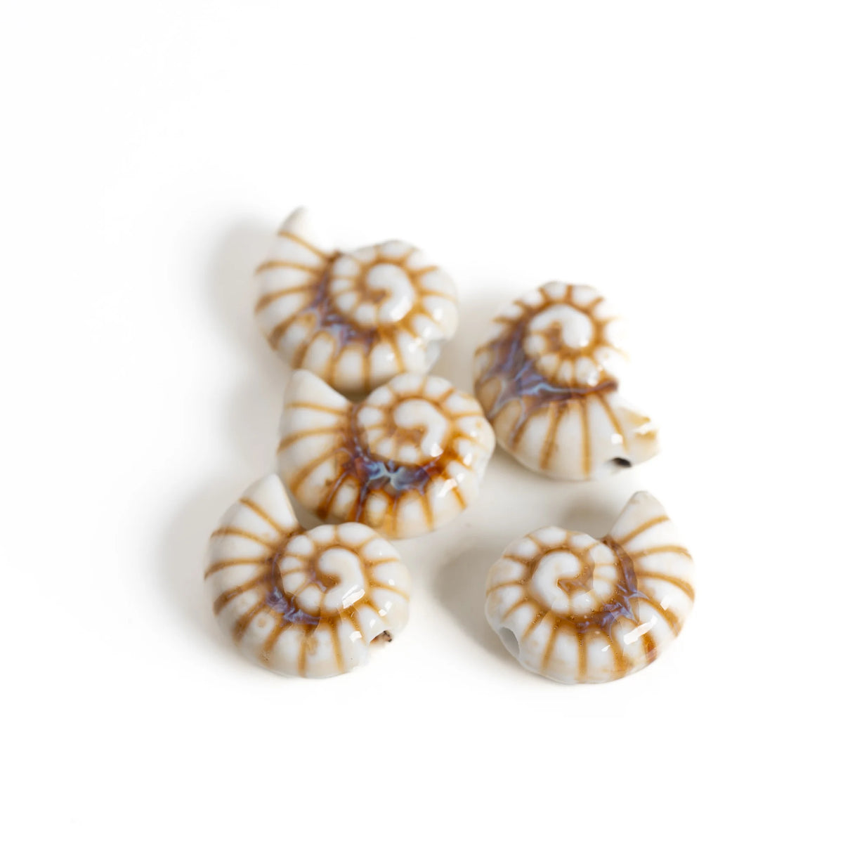 Five spiral shell-shaped beads with brown and white stripes and subtle blue accents, arranged on a plain white background.