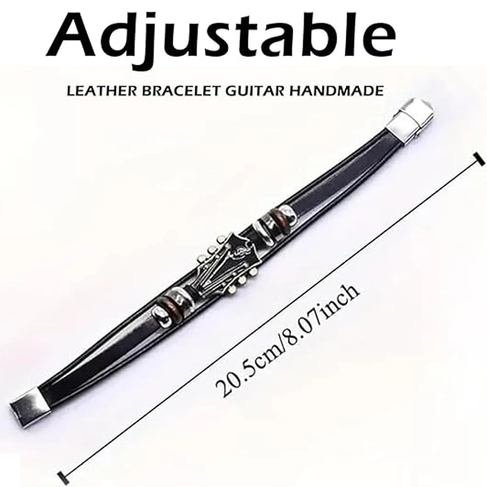Black leather bracelet with silver clasp on a white background, labeled 'Adjustable' and 'Leather Bracelet Guitar Handmade'.