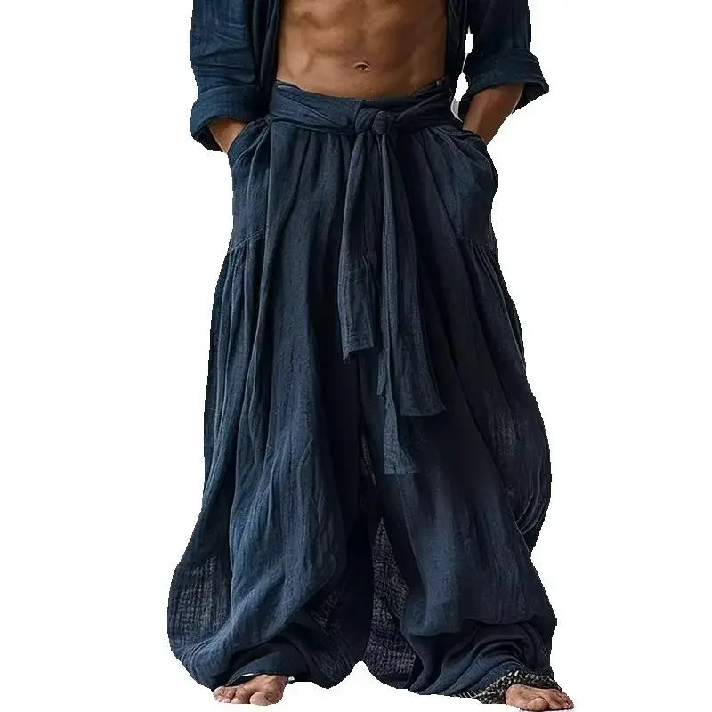 Folk Tie-up Streetwear Men's Pants Vintage Simple Casual Pure Cotton Linen Elastic Waist Loose Casual Pants Vintage Outfit Bohemian Style