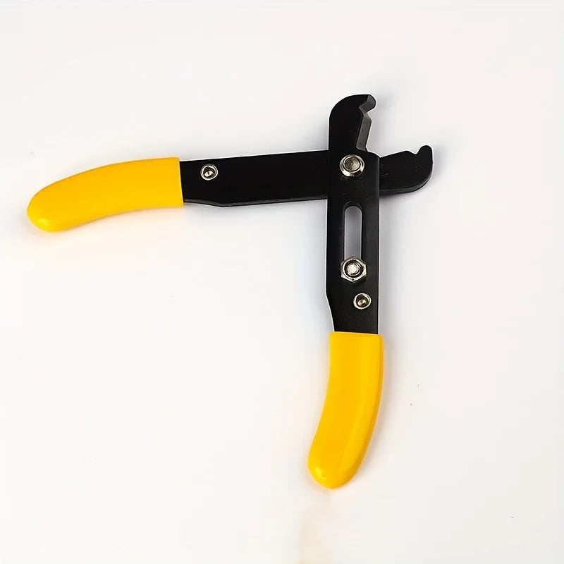 A flat-head jewelry making tool with bright yellow handles and a black metal head, shown on a plain white background.