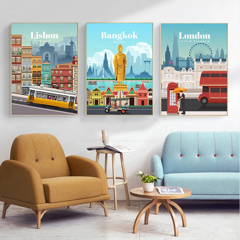 World Famous Tourist Cities Poster Prints London New York City Travel Wall Art Canvas Painting Picture Home Living Room Decor