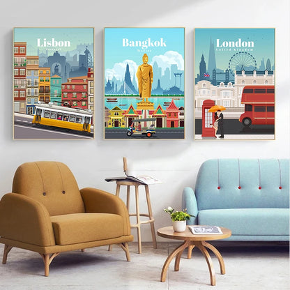 World Famous Tourist Cities Poster Prints London New York City Travel Wall Art Canvas Painting Picture Home Living Room Decor
