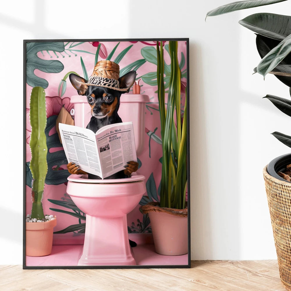 Bathroom Cat Reading on Toilet Canvas Wall Art Print Poster Funny Animal Decor Painting Home Room Decor Gift Unframed
