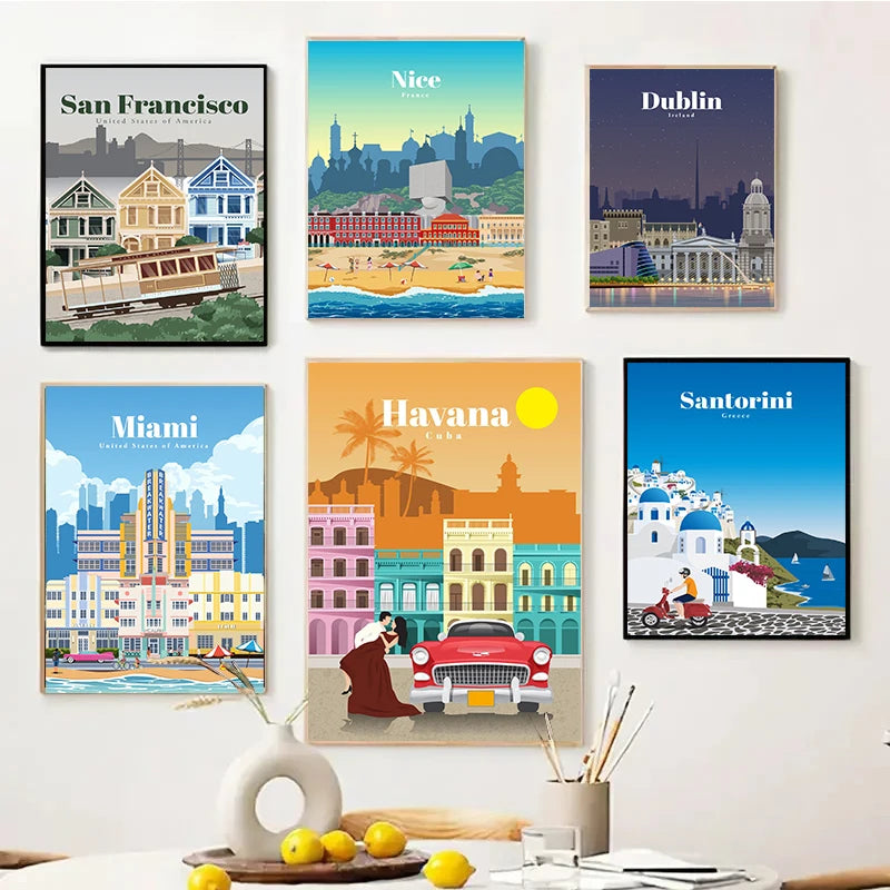 World Famous Tourist Cities Poster Prints London New York City Travel Wall Art Canvas Painting Picture Home Living Room Decor
