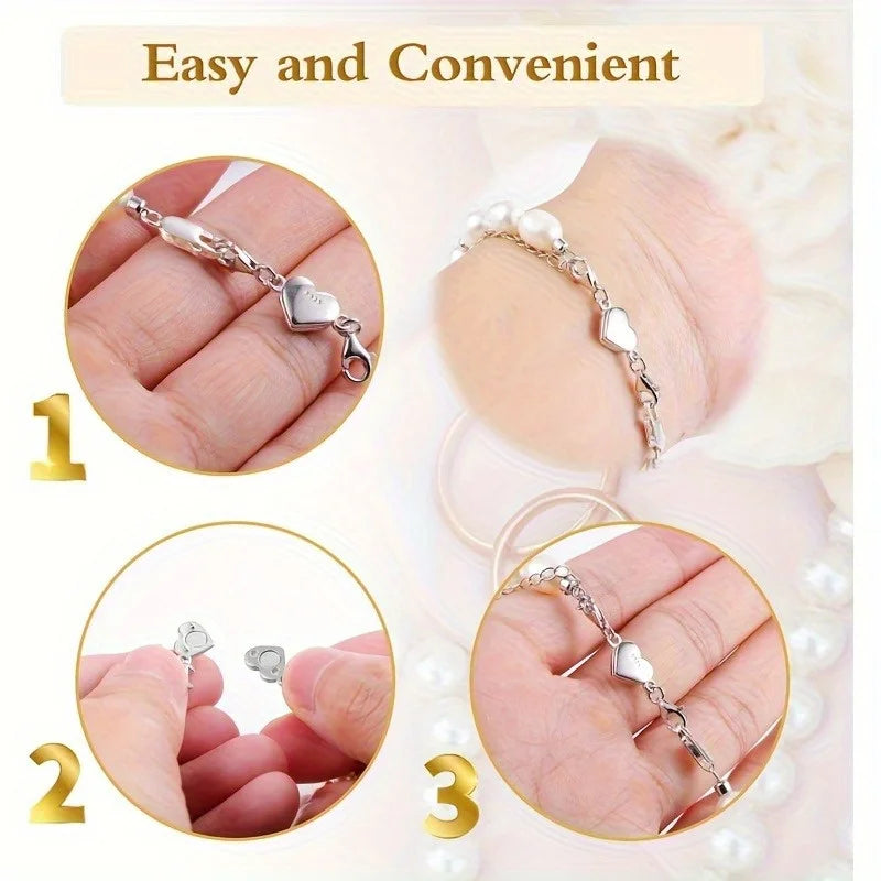 Silver bracelet with heart-shaped charms on a light background, labeled 'Easy and Convenient'.