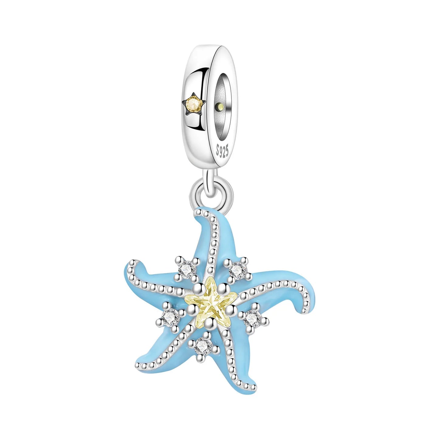 Starfish-shaped charm with blue and yellow accents on a white background