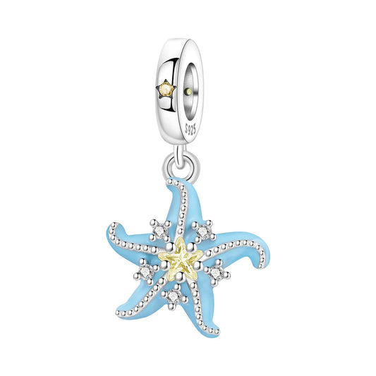 Starfish-shaped charm with blue and yellow accents on a white background