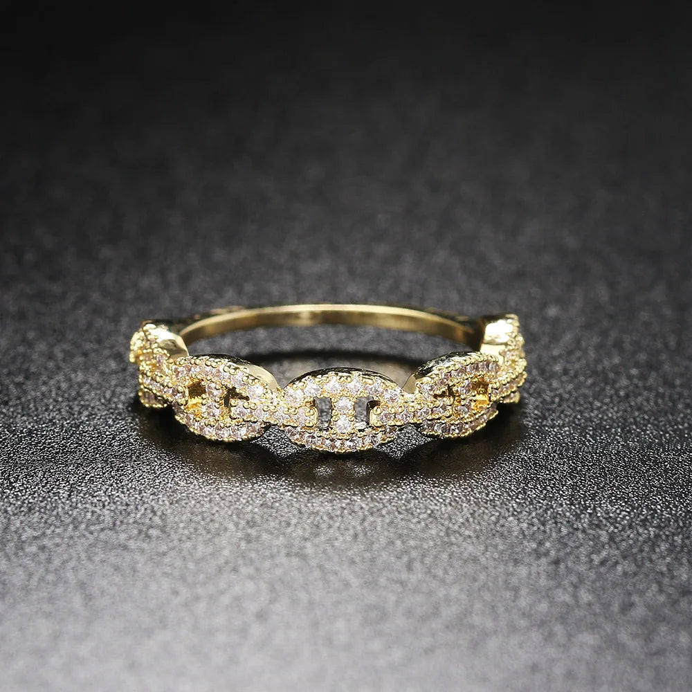 Gold CZ Link Ring | Micro Pave Zircon Chain Ring | Stackable Statement Ring | Punk Minimalist Jewelry for Women | Trendy Gift