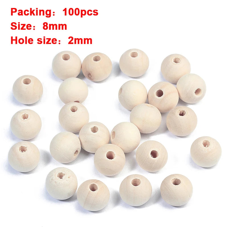 Wooden beads with specifications on a white background