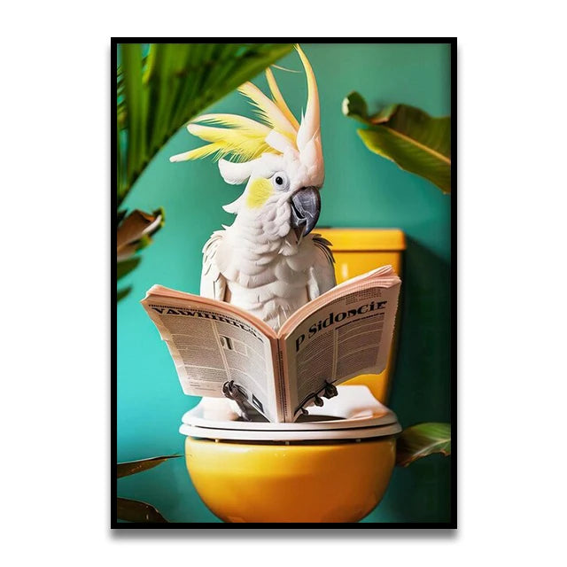 Bathroom Cat Reading on Toilet Canvas Wall Art Print Poster Funny Animal Decor Painting Home Room Decor Gift Unframed