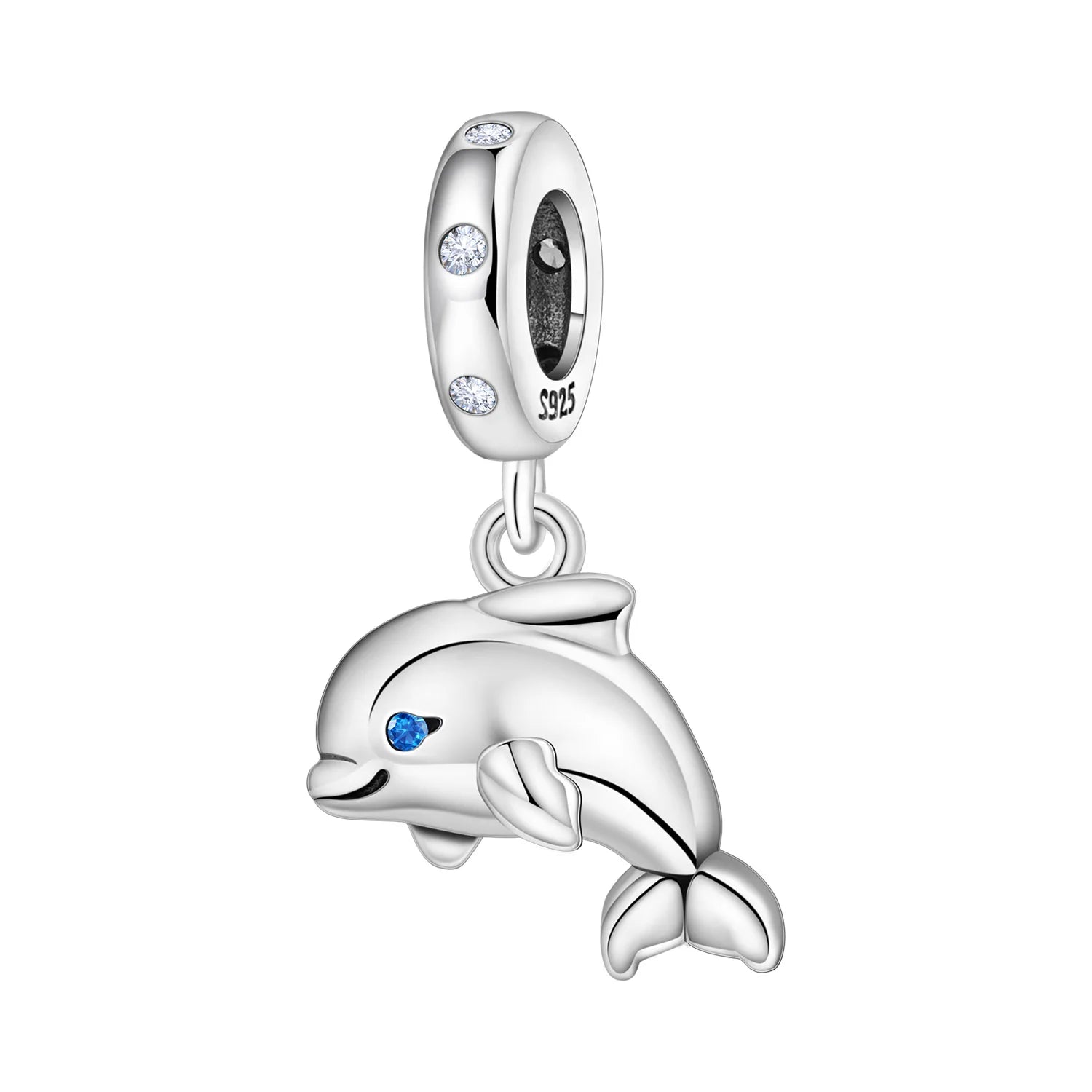 Silver dolphin charm with a small heart-shaped window on a white background