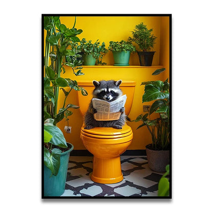Bathroom Cat Reading on Toilet Canvas Wall Art Print Poster Funny Animal Decor Painting Home Room Decor Gift Unframed