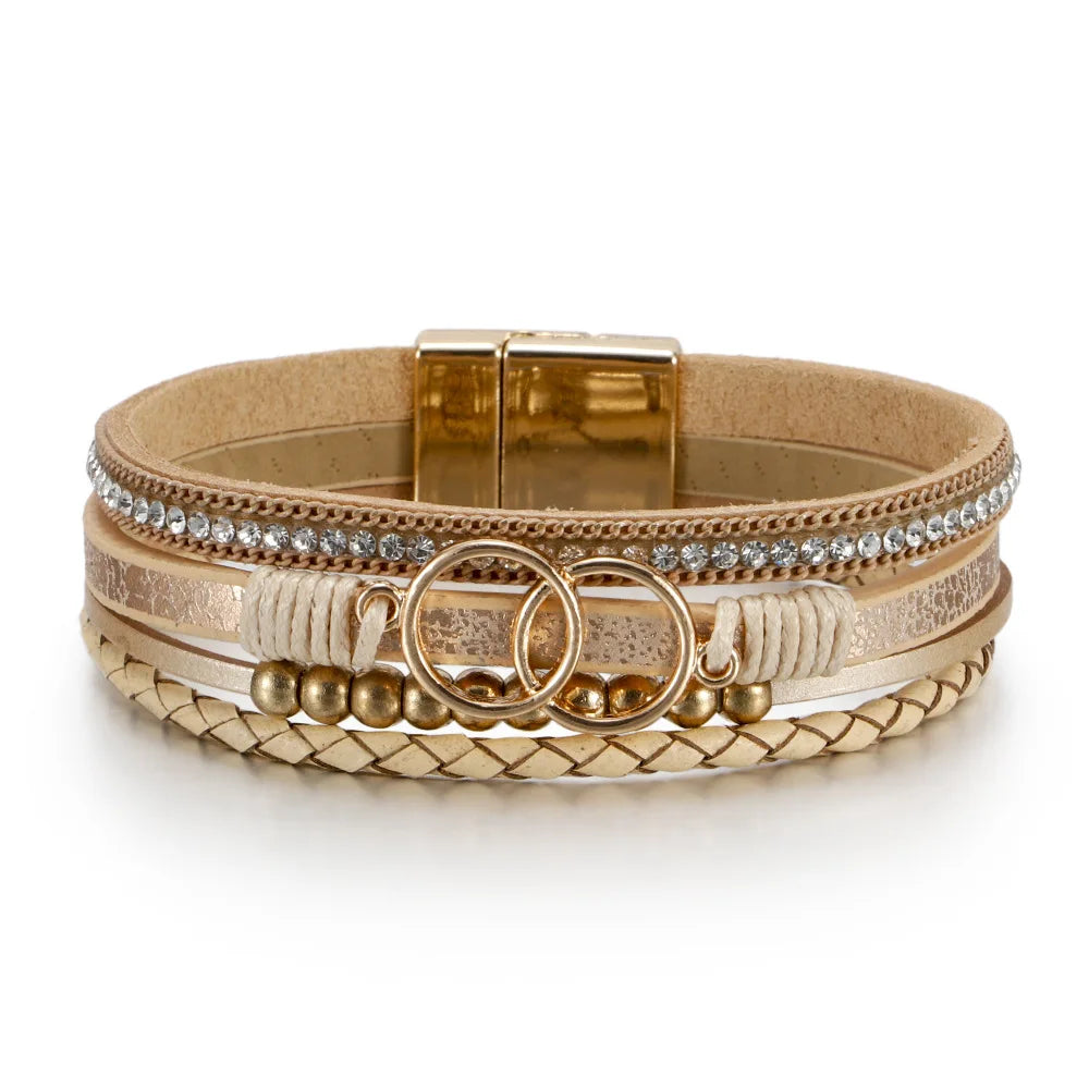 Women's Multilayer Leather Bracelet | Boho Woven Wrap Bracelet | Gold Tone Magnetic Clasp