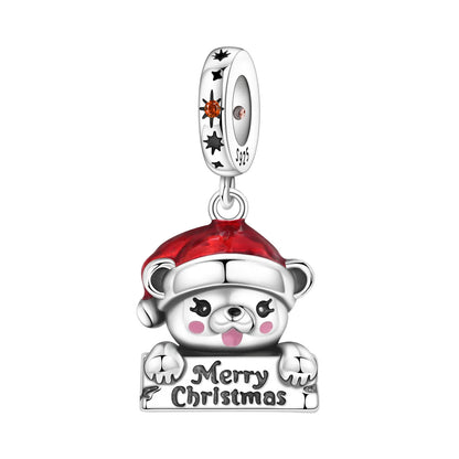 Silver bear charm with Santa hat and 'Merry Christmas' sign on a white background