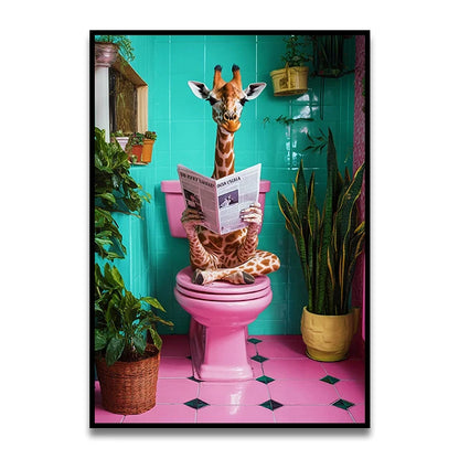 Bathroom Cat Reading on Toilet Canvas Wall Art Print Poster Funny Animal Decor Painting Home Room Decor Gift Unframed