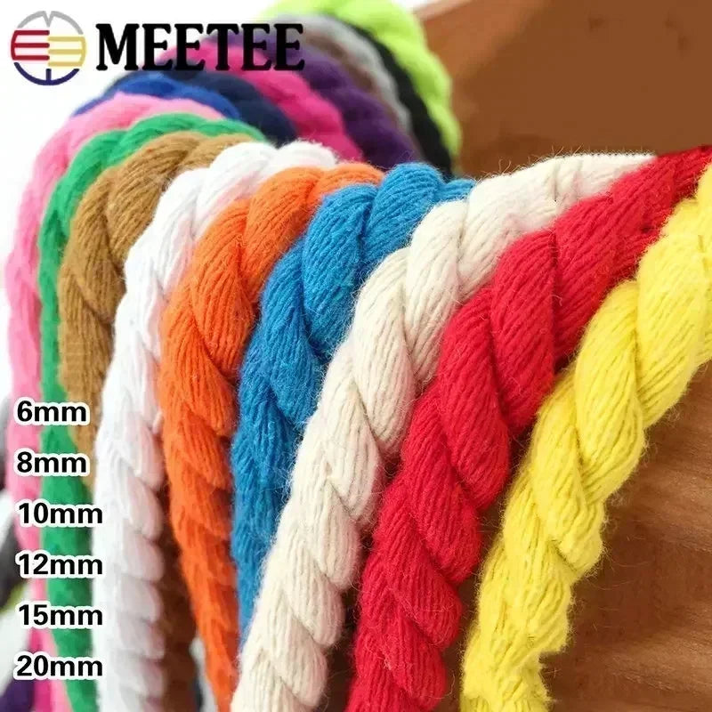 A close-up of braided yarn or cord in multiple colors arranged in overlapping strands, with size text along the left side reading 6mm, 8mm, 10mm, 12mm, 15mm, 20mm. 
