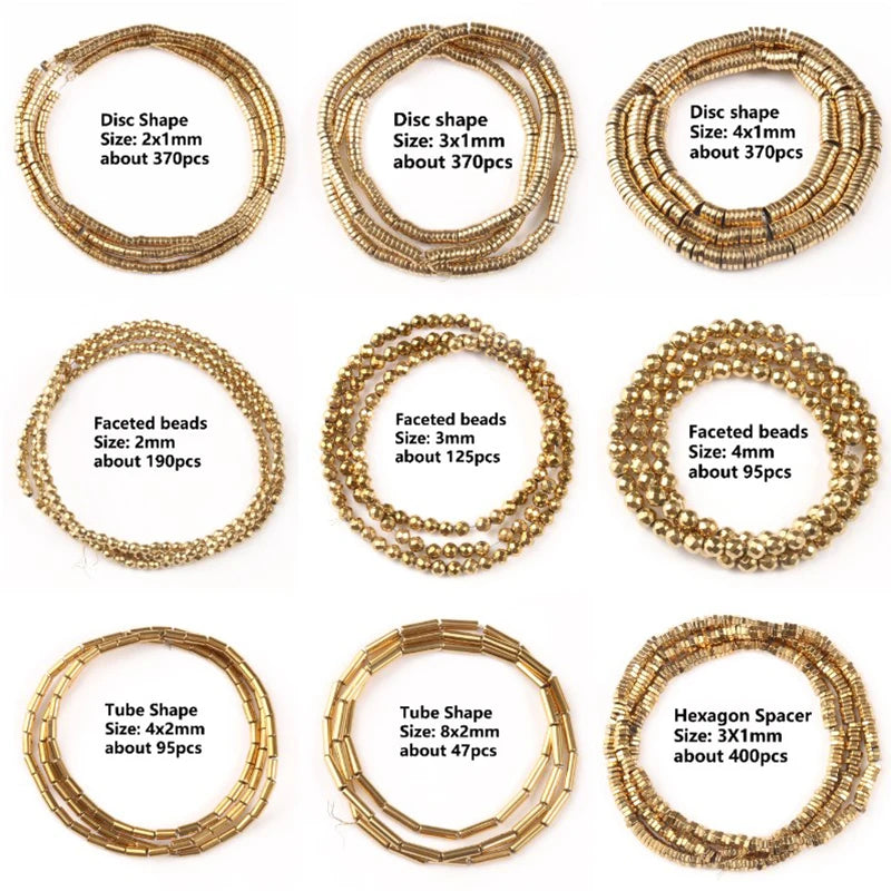 Various types of gold beads with labeled sizes and quantities on a white background