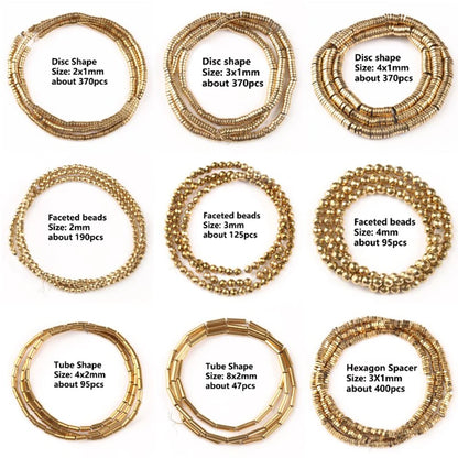 Various types of gold beads with labeled sizes and quantities on a white background