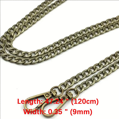 Bronze chain with clasp on a white background, showing length and width measurements.