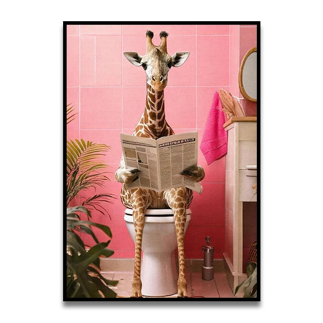 Bathroom Cat Reading on Toilet Canvas Wall Art Print Poster Funny Animal Decor Painting Home Room Decor Gift Unframed