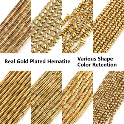 Gold-plated hematite beads with different shapes and color retention on a white background.