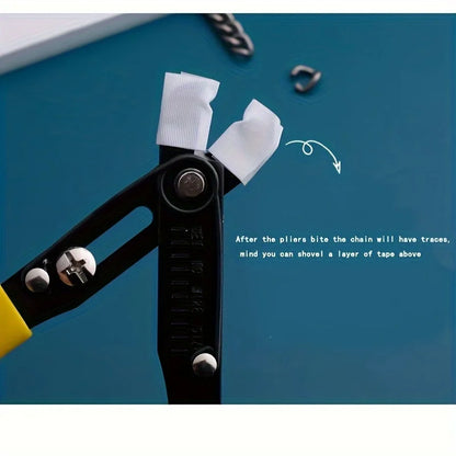 A close-up of a black and yellow jewelry chain tensioning tool holding a white loop of chain link tape, with small metal hardware on a blue background and instructional text.