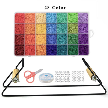 Bead kit with 28 color options, tools, and materials on a white background