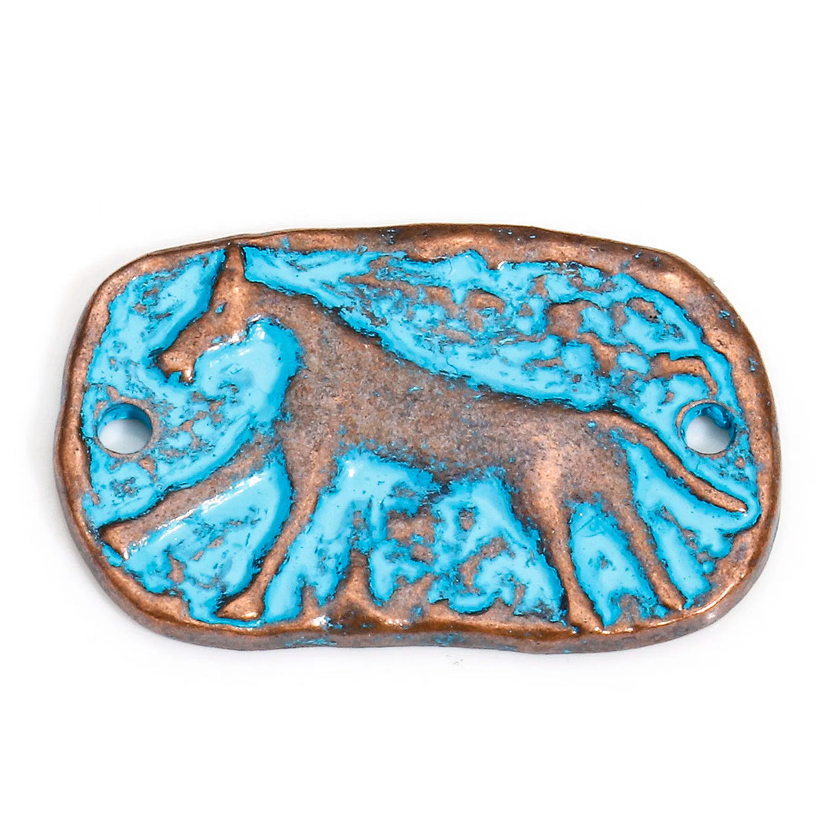 A rectangular copper-toned metal charm or pendant with a raised animal motif and two holes, featuring bright turquoise blue oxidized accents, shown on a plain white background.