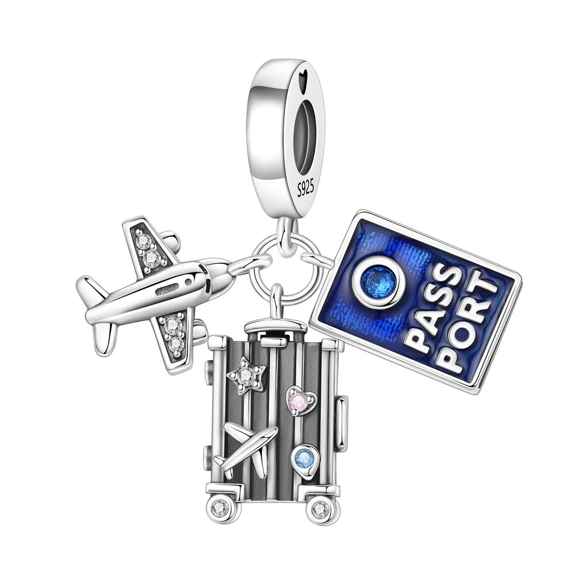 Travel Charm | Sterling Silver Airplane, Passport & Suitcase Dangle | Wanderlust Bracelet Bead Gift