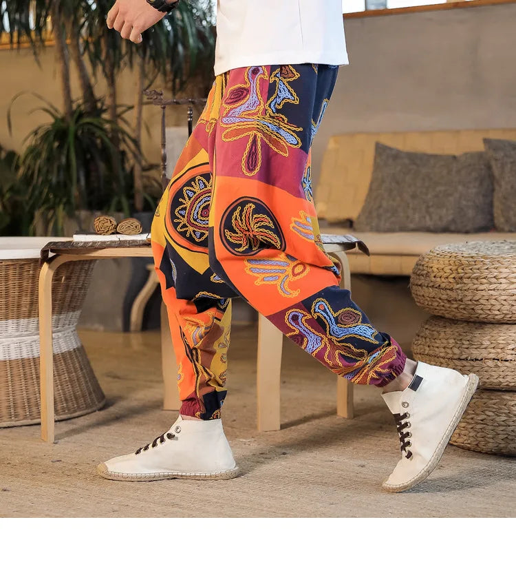 Men Harem Pants Print Retro Drop Crotch Joggers Trousers Men Baggy Loose Nepal Style Men Casual Pants M-5Xl