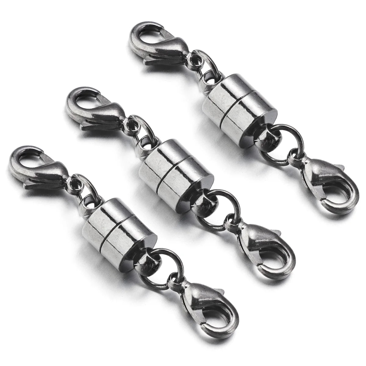 Two metallic clasp connectors with swivel clips on a white background