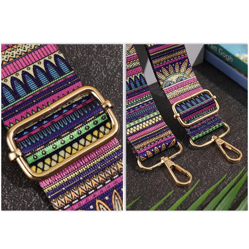 Multicolored patterned strap with gold buckle on a dark background