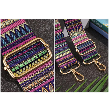 Multicolored patterned strap with gold buckle on a dark background