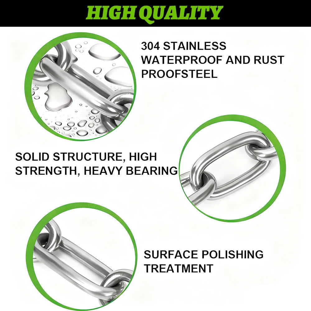 Promotional graphic for a stainless steel chain with three circular close-ups highlighting water resistance, strength, and polished finish, under a black banner reading 'HIGH QUALITY'.
