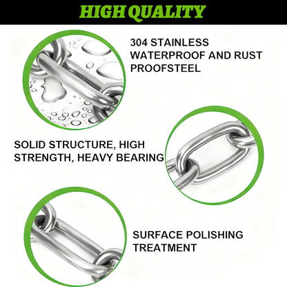 Promotional graphic for a stainless steel chain with three circular close-ups highlighting water resistance, strength, and polished finish, under a black banner reading 'HIGH QUALITY'.