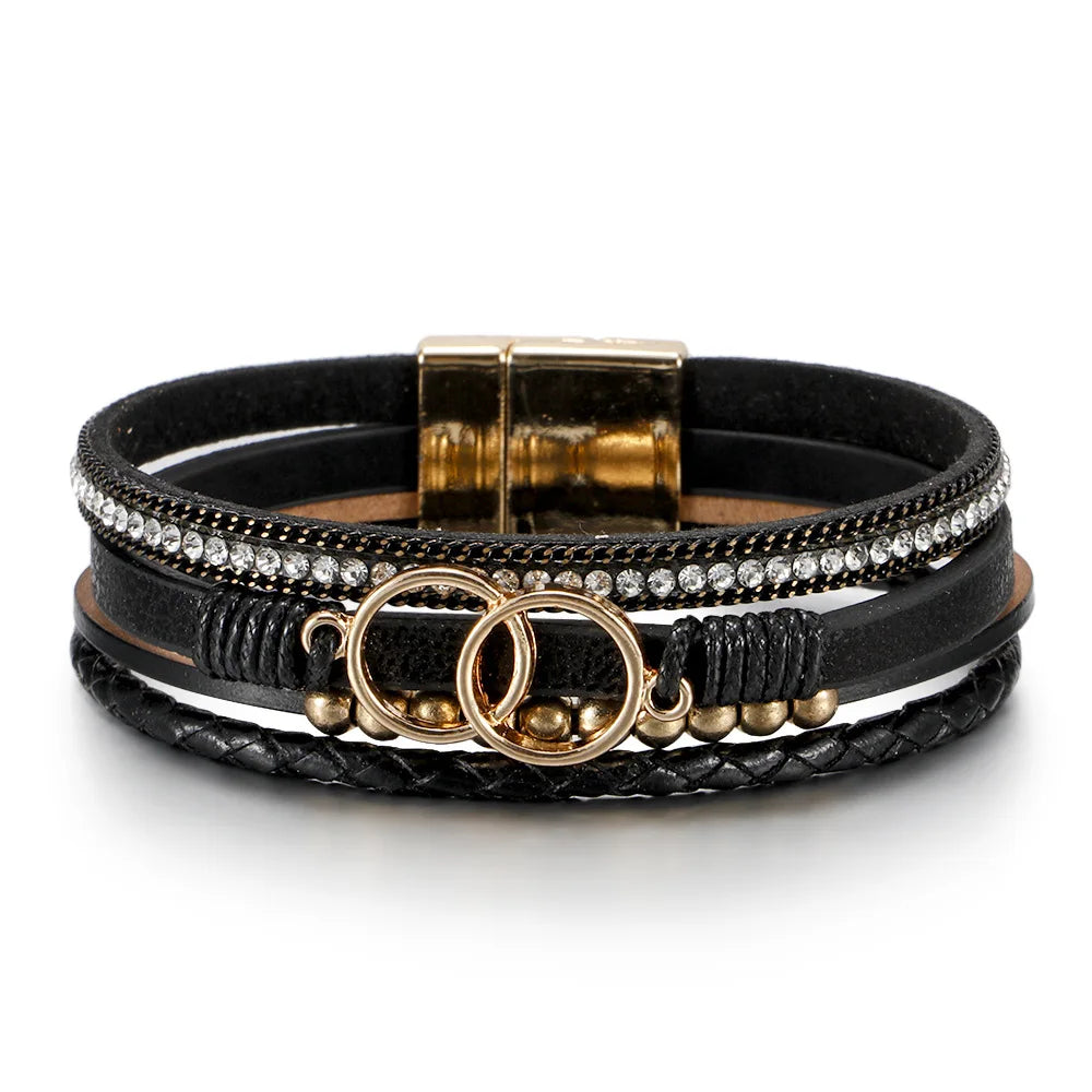 Women's Multilayer Leather Bracelet | Boho Woven Wrap Bracelet | Gold Tone Magnetic Clasp