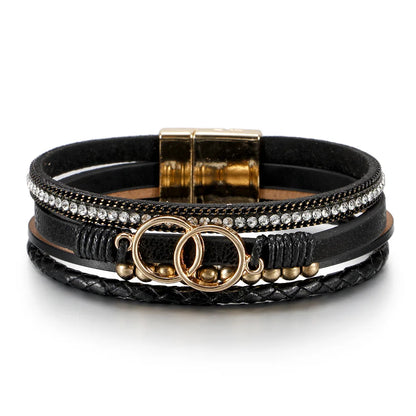 Women's Multilayer Leather Bracelet | Boho Woven Wrap Bracelet | Gold Tone Magnetic Clasp
