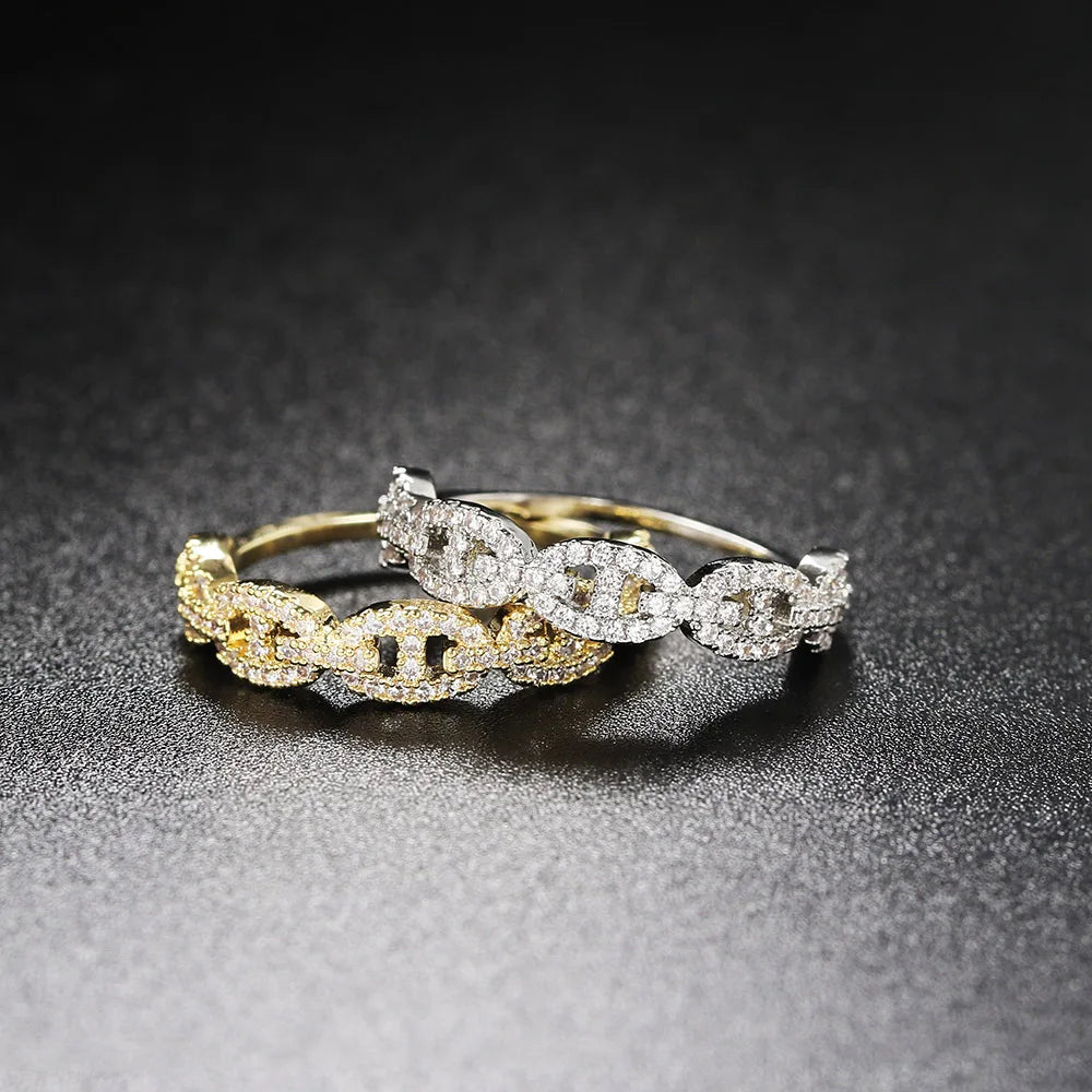 Gold CZ Link Ring | Micro Pave Zircon Chain Ring | Stackable Statement Ring | Punk Minimalist Jewelry for Women | Trendy Gift