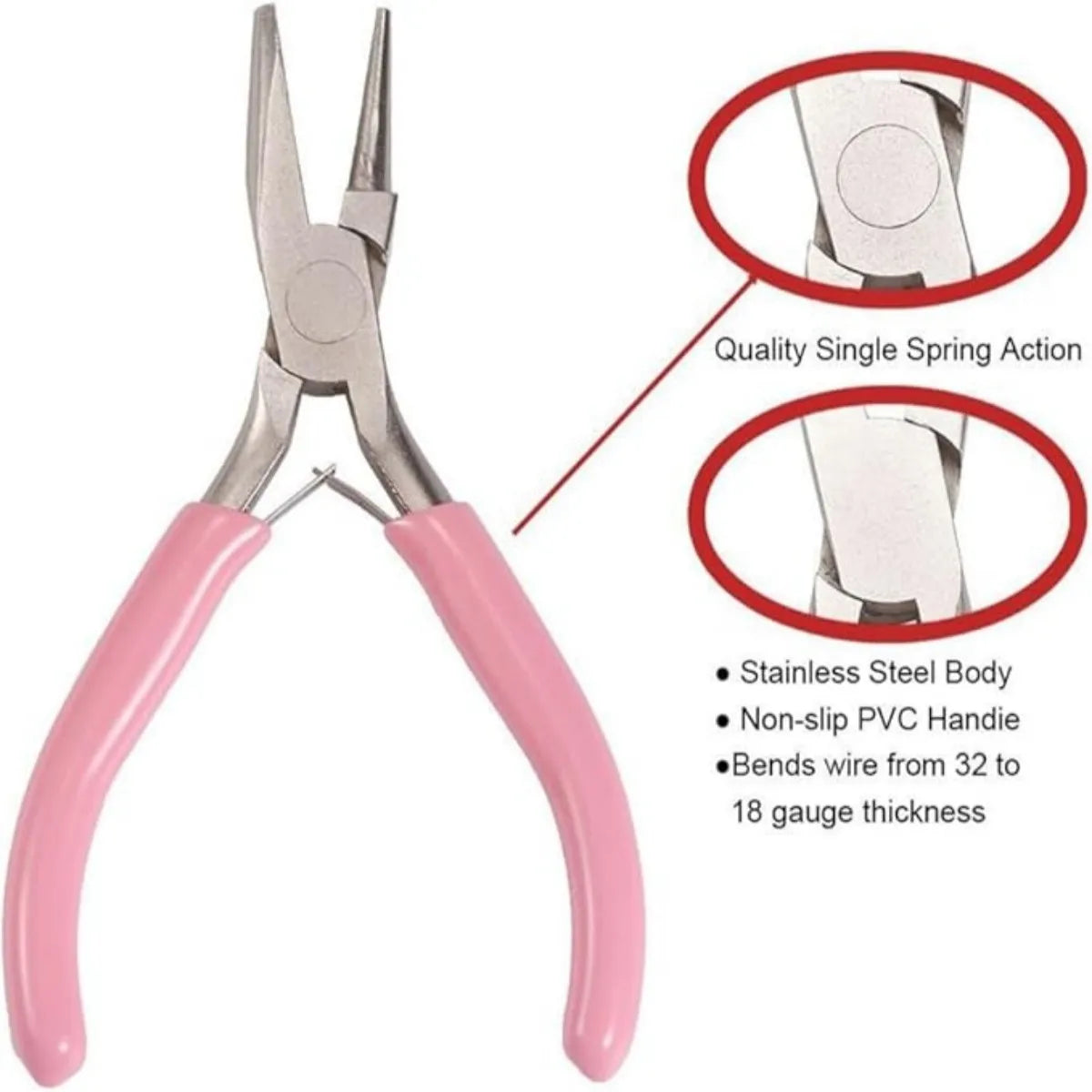 Pink-handled jewelry tool with close-up details on a white background