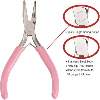 Pink-handled jewelry tool with close-up details on a white background