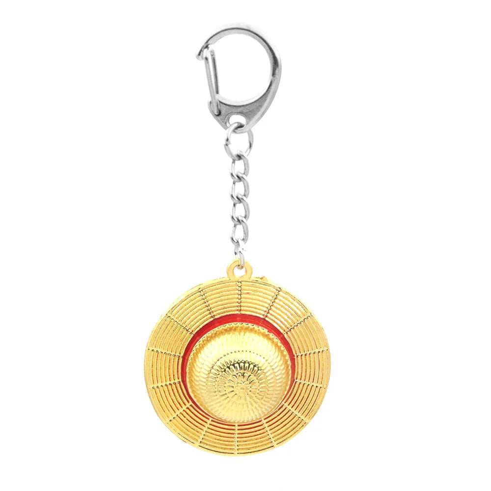 Gold circular keychain with red center on a white background