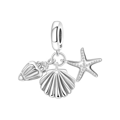 Silver charm with shell, starfish, and seashell design on a white background