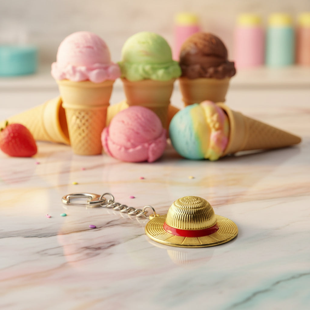 Gold-colored keychain with a design resembling a straw hat on a black background