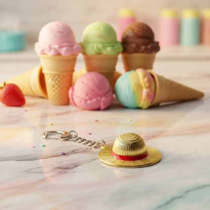Gold-colored keychain with a design resembling a straw hat on a black background