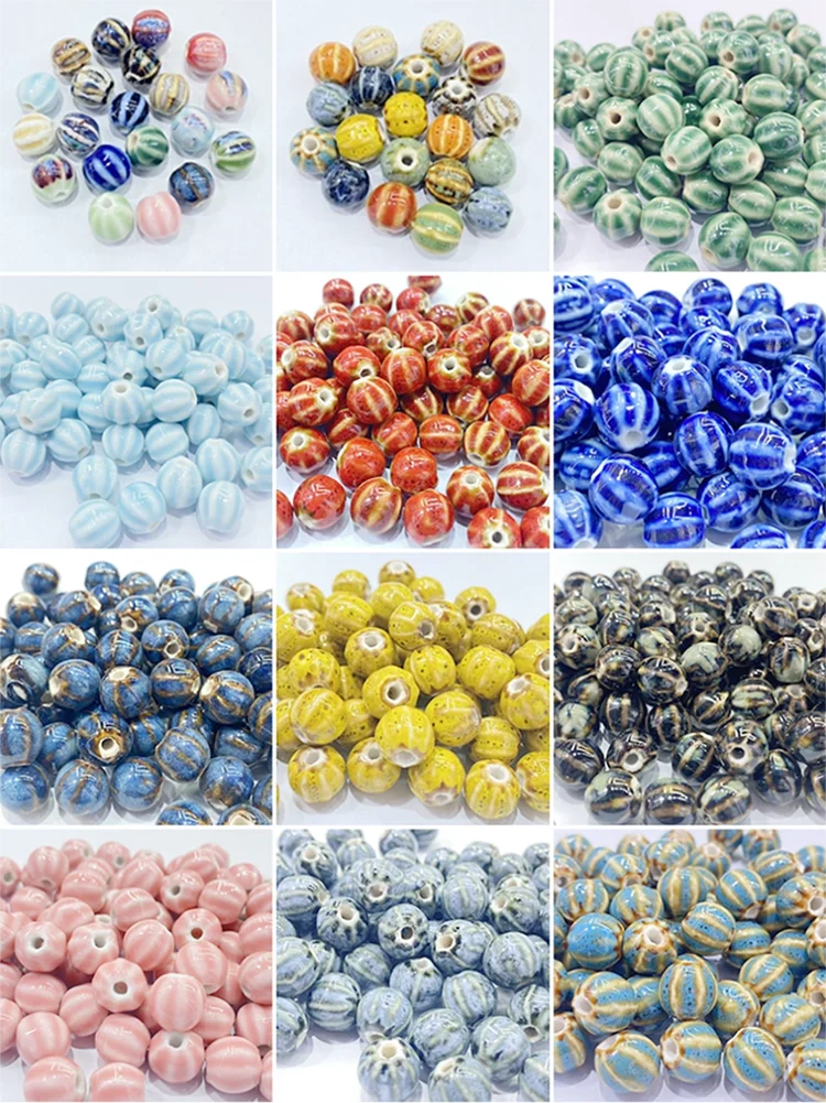 A 12-grid collage showing various colorful glass bead piles, including striped, marbled, and solid-color beads in blue, green, pink, yellow, orange, and black.
