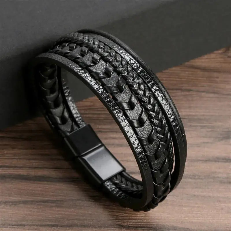 Men’s Multilayer Leather Bracelet | Handwoven Design with Magnetic Alloy Clasp